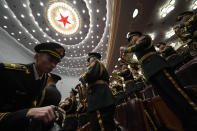 Chinese military band members rehearse, before the opening session of the Chinese People's Political Consultative Conference, or CPPCC, in the Great Hall of the People in Beijing, Monday, March 4, 2024. (AP Photo/Ng Han Guan)