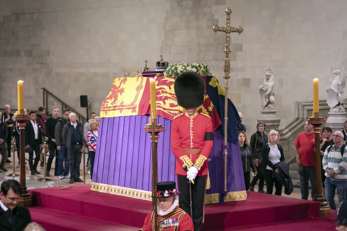 Members of the public file past the Queen’s coffin as it lies in state in Westminster Hall (Danny Lawson/PA) (PA Wire)