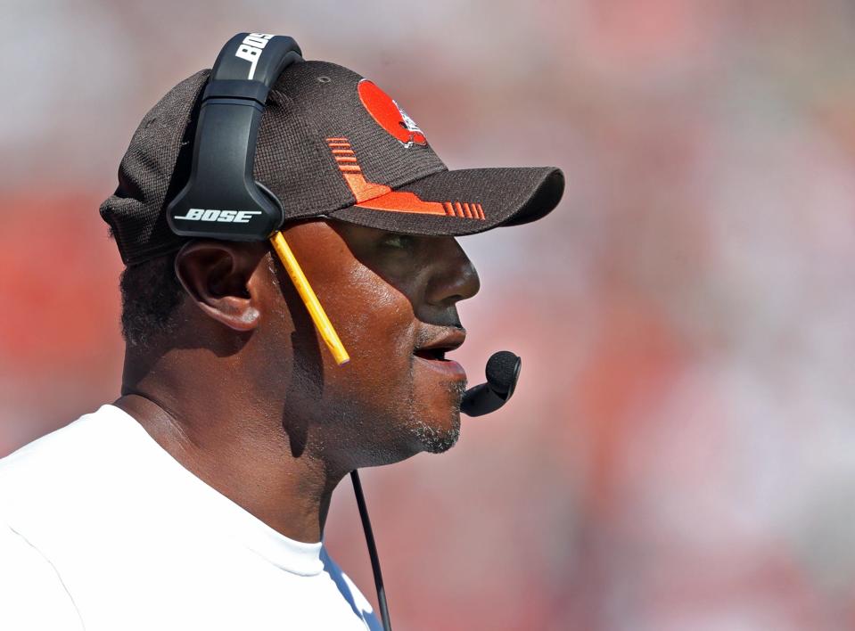 Cleveland Browns defensive coordinator Joe Woods watches from the sideline.