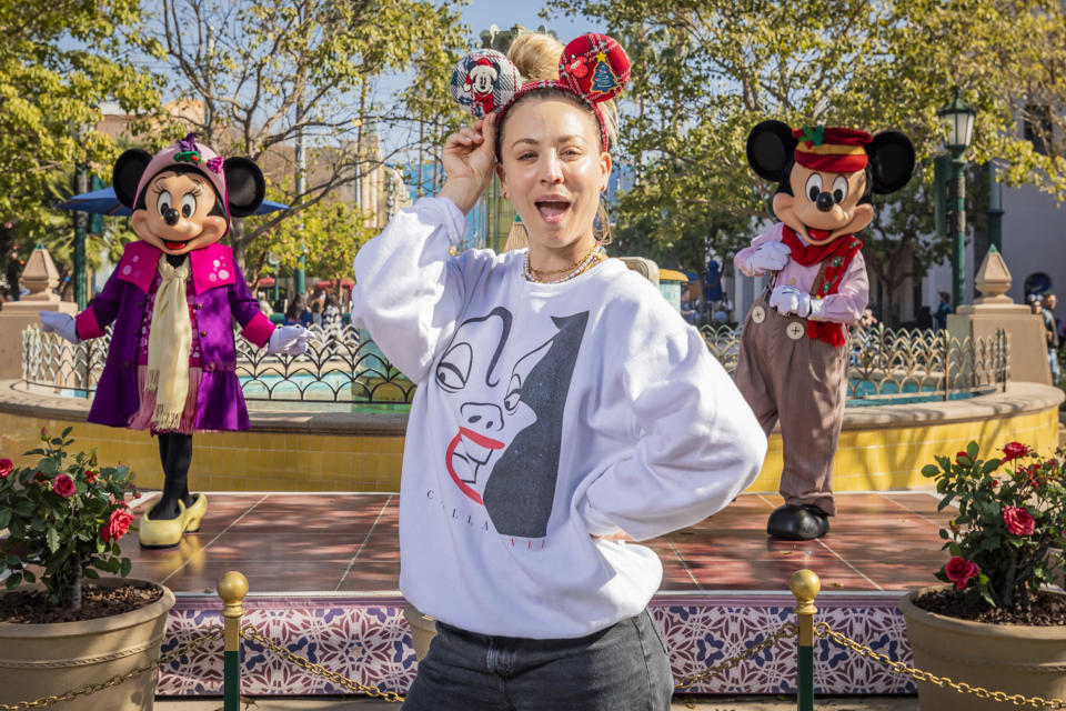 ANAHEIM, CA - DECEMBER 01: In this handout photo provided by Disneyland Resort, Kaley Cuoco celebrates her birthday on December 01, 2021 at Disney California Adventure inside Disneyland in Anaheim, California.  (Photo by Christian Thompson/Disneyland Resort via Getty Images)