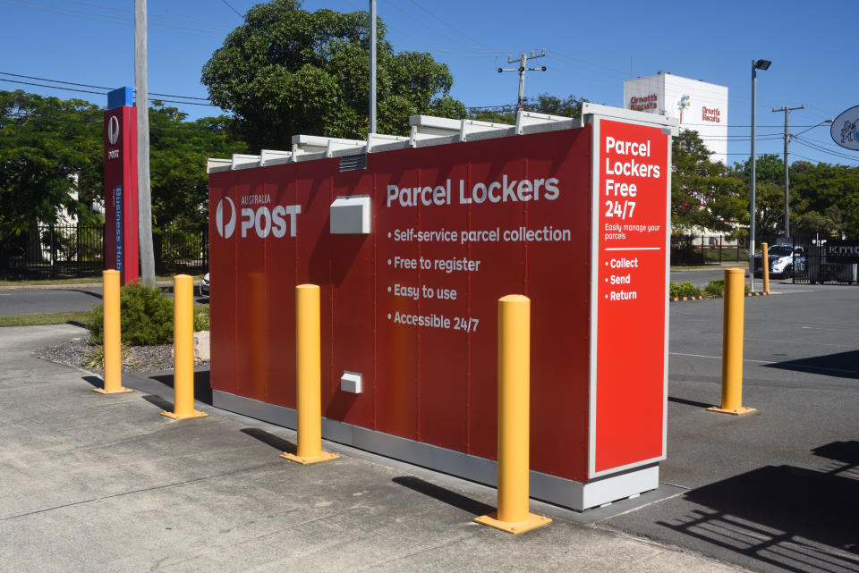 Parcel delivery lockers with 24 hour access at the Australia Post retail centre.