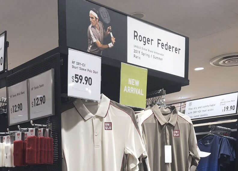 The items were on sale at a Uniqlo store, complete with promotional pictures of Roger Federer modelling the gear. Pic: Twitter