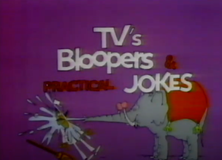 Screen shot of a cartoon elephant spraying a man with TV's Bloopers and Practical Jokes logo over it
