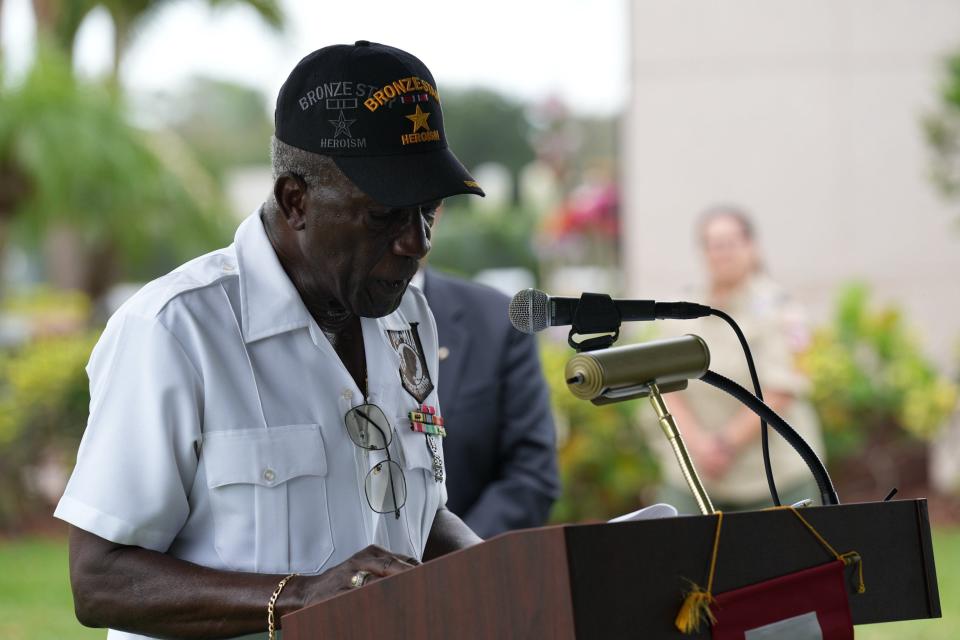Maxwell Nelson, Bronze Star recipient, shares his experiences as a veteran during a Memorial Day event at the Palm Beach Memorial Park in Lantana on Monday May 29, 2023.
(Photo: JENNIFER LETT/THE PALM BEACH POST)