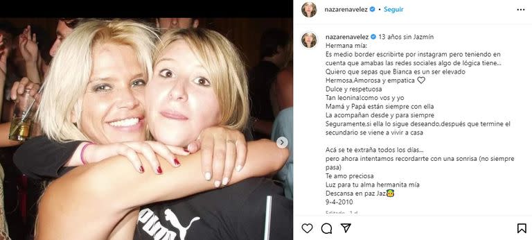 El tierno posteo de Nazarena Vélez al recordar a Jazmín