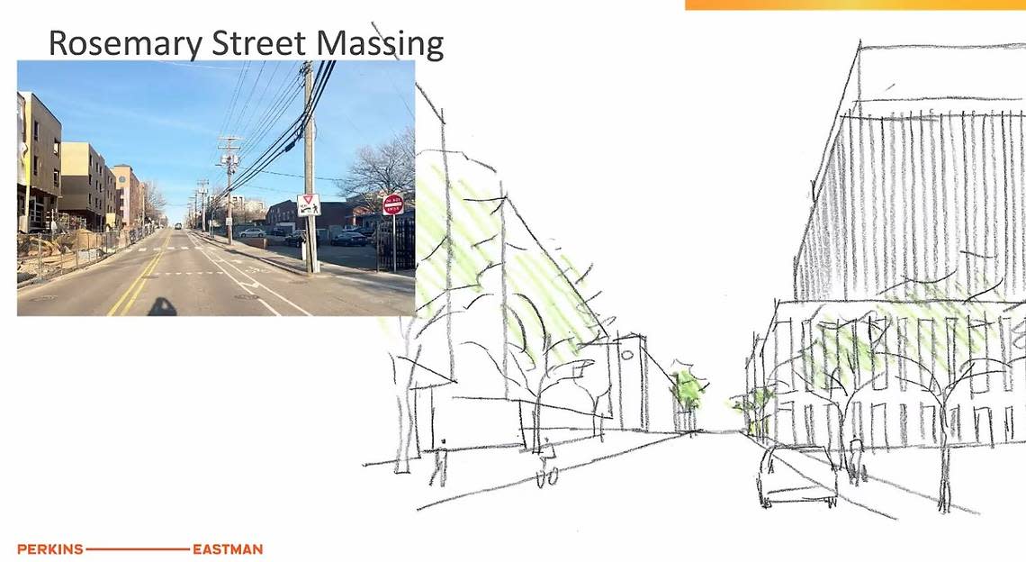 An architect’s rendering shows how the proposed Life Sciences Center on West Franklin Street could look to someone heading east on West Rosemary Street. Perkins Eastman/Contributed