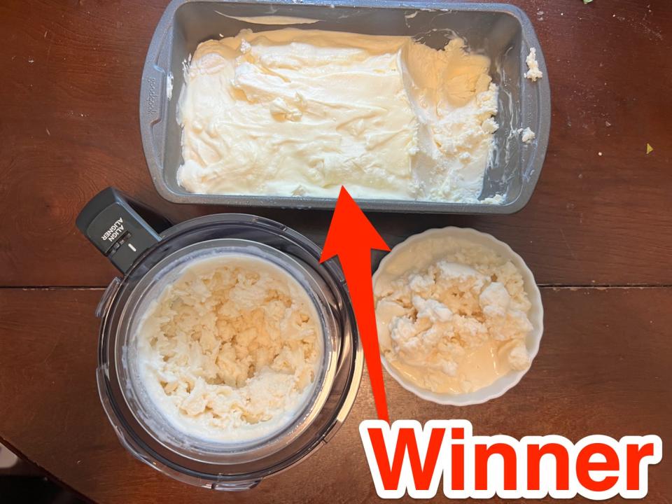 Ice cream made with three different methods with red arrow and "winner" text pointing to ice cream in loaf pan