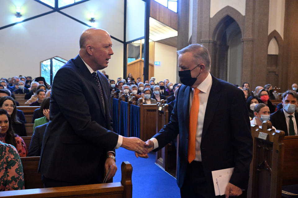 Leader of the Opposition Peter Dutton and Prime Minister Anthony Albanese during a Parliamentary church service this morning. Source: AAP