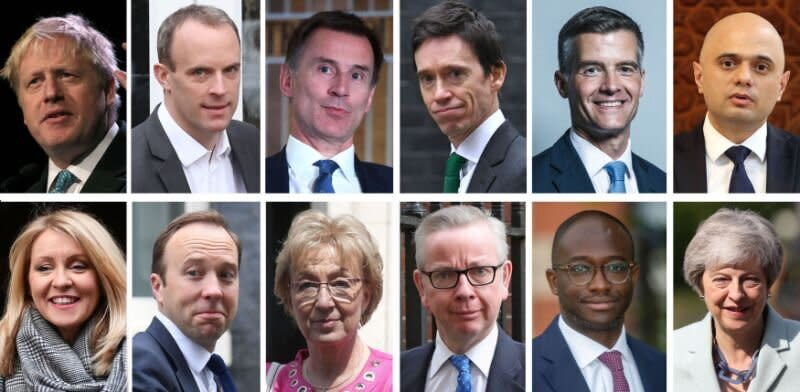 Boris Johnson, Dominic Raab, Jeremy Hunt, Rory Stewart, Mark Harper, Sajid Javid, (bottom row, left to right) Esther McVey, Matt Hancock, Andrea Leadsom, Michael Gove, Sam Gyimah, and the former Prime Minister Theresa May.