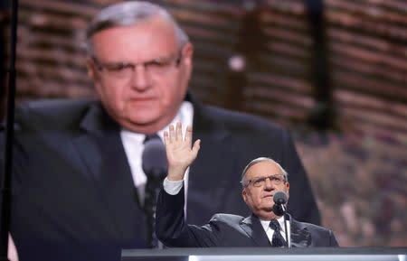 Arizona's Maricopa County Sheriff Joe Arpaio speaks at the Republican National Convention in Cleveland, Ohio, U.S. July 21, 2016. REUTERS/Brian Snyder/File Photo