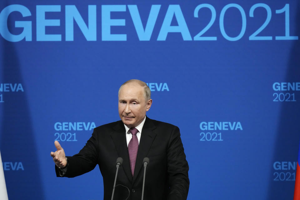 Russian President Vladimir Putin speaks during a news conference after his meeting with U.S President Joe Biden at the 'Villa la Grange' in Geneva, Switzerland in Geneva, Switzerland, Wednesday, June 16, 2021. (AP Photo/Alexander Zemlianichenko, Pool)