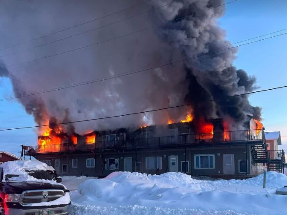 An apartment complex fire on Tataskweyak Cree Nation on Saturday resulted in a toddler and teen being airlifted to hospital in Winnipeg. (Submitted by Roddy Chartrand - image credit)