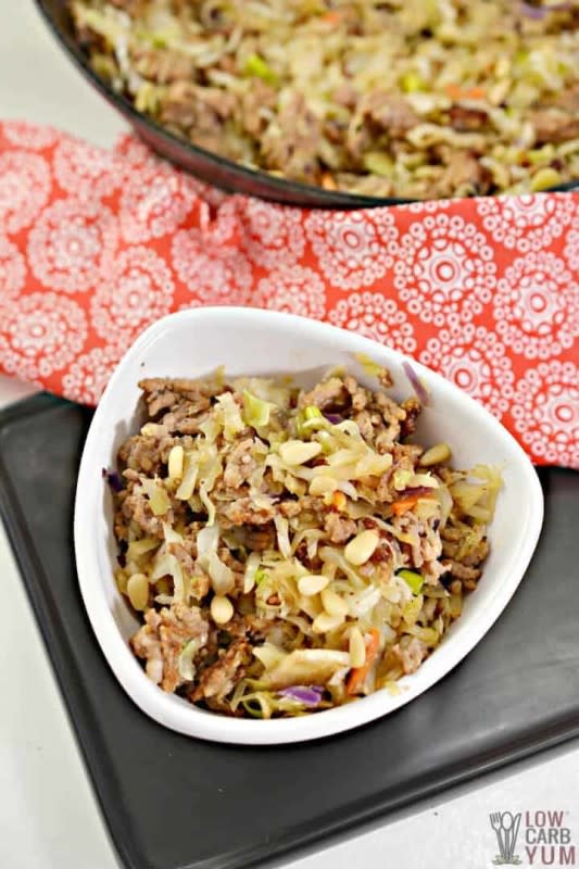 <p>Low Carb Yum</p><p>You’ll love this nutty egg roll that’s served in a bowl without a wrapper. It’s low-carb, gluten-free, paleo-friendly and chock full of flavor!</p><p><strong>Get the recipe:</strong><a href="https://lowcarbyum.com/egg-roll-in-a-bowl-paleo/" rel="nofollow noopener" target="_blank" data-ylk="slk:Sausage Egg Roll in a Bowl;elm:context_link;itc:0;sec:content-canvas" class="link "> <strong>Sausage Egg Roll in a Bowl</strong></a></p>