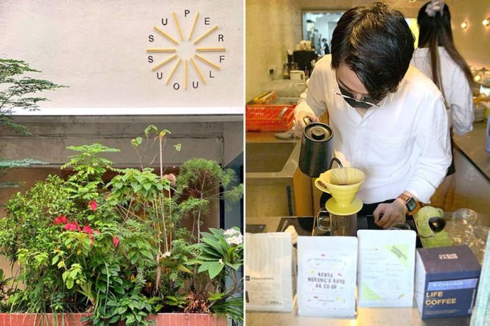 Greenery-filled entrance to the café (left). Barista brewing single origin pour-over coffee (right).