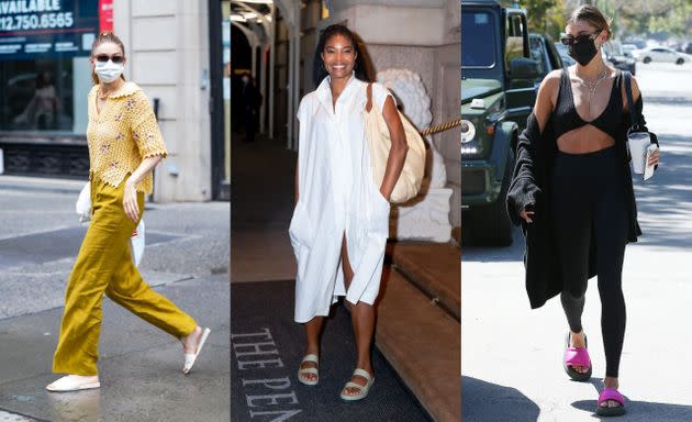 Gigi Hadid, Gabrielle Union, Hailey Bieber and other celebrities have sported slides in recent months. (Photo: Getty Images)