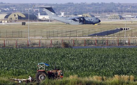 A Turkish Air Force A400M tactical transport aircraft (foreground) is parked at Incirlik airbase in the southern city of Adana, Turkey, July 24, 2015. REUTERS/Murad Sezer