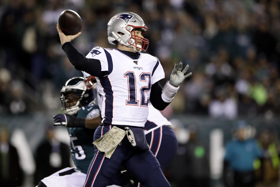 New England Patriots' Tom Brady passes during the first half of an NFL football game against the Philadelphia Eagles, Sunday, Nov. 17, 2019, in Philadelphia. (AP Photo/Matt Rourke)