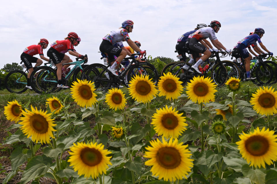 ALBI FRANCE  JULY 28 LR Danielle De Francesco of Australia Anastasiya Kolesava of Belarus and Arkea Pro Cycling Team Elizabeth Holden of The United Kingdom and UAE Team ADQ Martina Alzini of Italy and Cofidis Women Team Claire Steels of The United Kingdom and Team Israel Premier Tech Roland and a general view of the peloton competing through flowery landscape during the 2nd Tour de France Femmes 2023 Stage 6 a 1221km stage from Albi to Blagnac  UCIWWT  on July 28 2023 in Albi France Photo by Tim de WaeleGetty Images