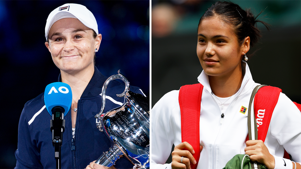 Emma Raducanu (pictured right) walking out for Wimbledon and (pictured left) Ash Barty holding the Australian Open trophy and smiling.