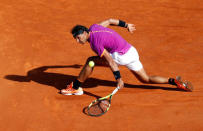 Tennis - Monte Carlo Masters - Monaco, 22/04/2017. Rafael Nadal of Spain plays a shot to David Goffin of Belgium. REUTERS/Eric Gaillard