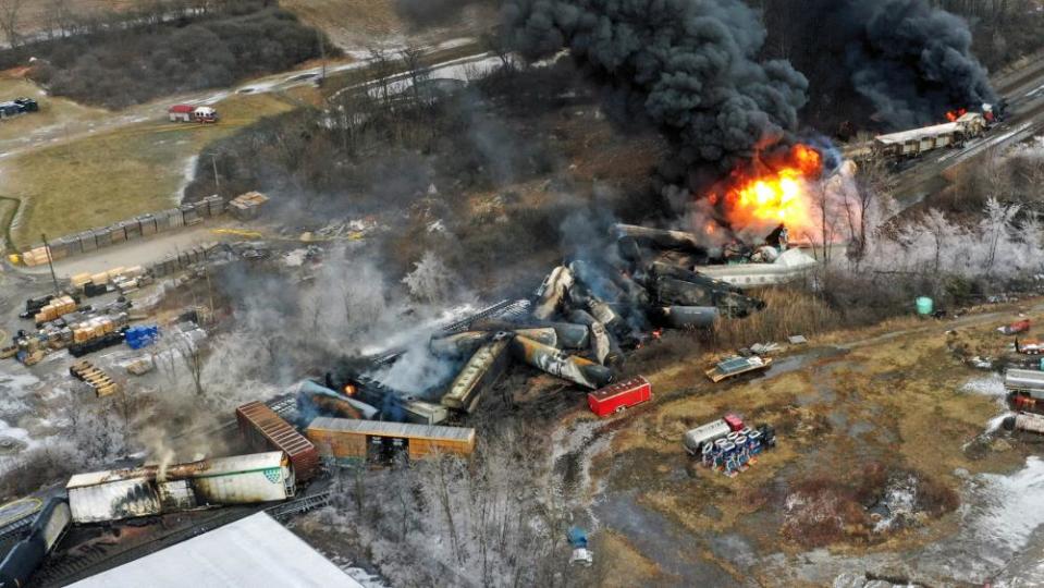 A Norfolk Southern freight train that derailed in East Palestine, Ohio, on fire on 4 February 2023.