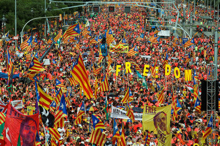 People hold up Catalan separatist flags and letters spelling out "Freedom" as they gather for a rally on Catalonia's national day 'La Diada' in Barcelona, Spain, September 11, 2018. REUTERS/Albert Gea