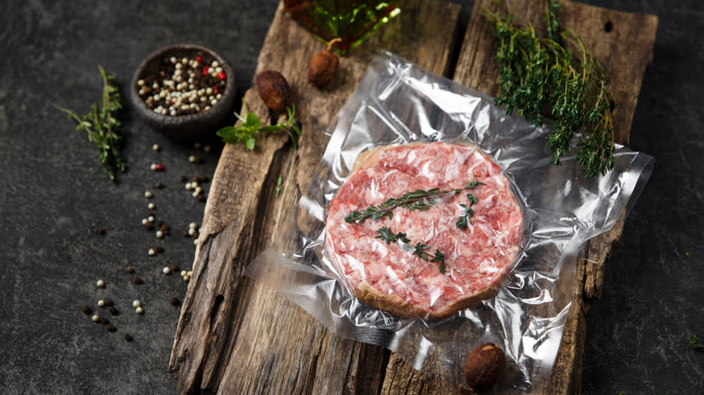 vacuum sealed meat and herbs