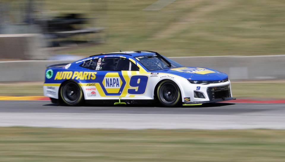 Chase Elliott exits the Mitchell Bend as he qualifies for the pole position for Sunday's Kwik Trip 250 at Elkhart Lake's Road America, Saturday, July 2, 2022.