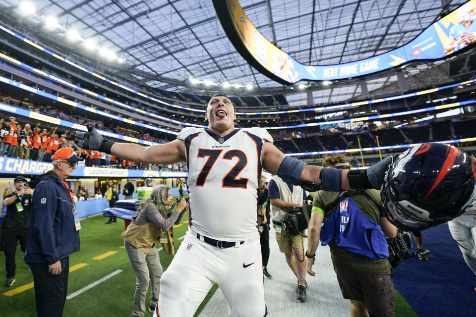 Denver Broncos offensive tackle Garett Bolles celebrates after winning an NFL football game against the Los Angeles Chargers, Sunday, Dec. 10, 2023, in Inglewood, Calif. (AP Photo/Ryan Sun)