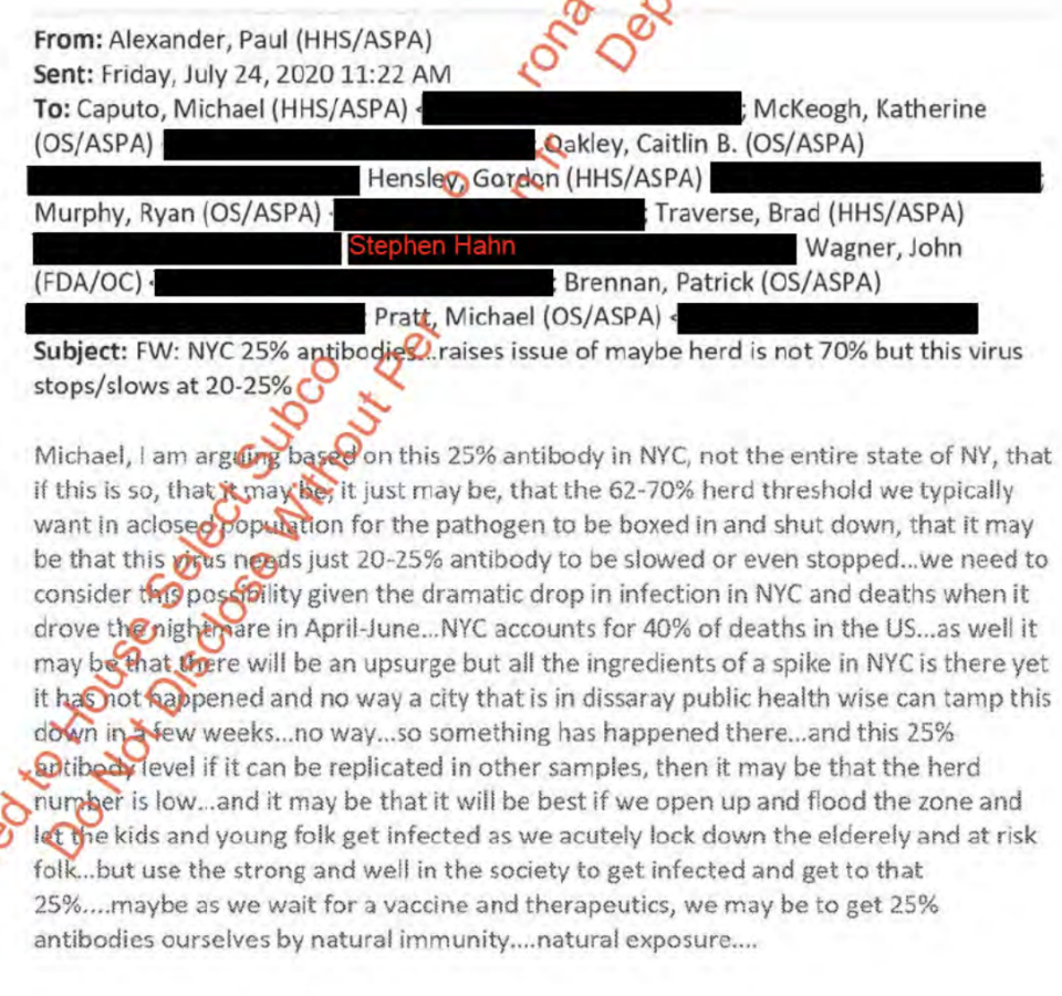 Critics say the emails show an overreach by the administration trying to push independent health bodies to pursue herd immunity. Source: US Gov