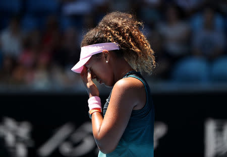 Tennis - Australian Open - Third Round - Melbourne Park, Melbourne, Australia, January 19, 2019. Japan's Naomi Osaka reacts during the match against Taiwan's Hsieh Su-Wei. REUTERS/Lucy Nicholson