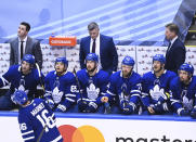 The Toronto Maple Leafs react to a loss to the Columbus Blue Jackets in an NHL hockey playoff game in Toronto, Sunday, Aug. 2, 2020. (Nathan Denette/The Canadian Press via AP)