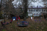 A view of the courtyard of Kherson regional children's home in Kherson, southern Ukraine, Friday, Nov. 25, 2022. Throughout the war in Ukraine, Russian authorities have been accused of deporting Ukrainian children to Russia or Russian-held territories to raise them as their own. At least 1,000 children were seized from schools and orphanages in the Kherson region during Russia’s eight-month occupation of the area, their whereabouts still unknown. (AP Photo/Bernat Armangue)
