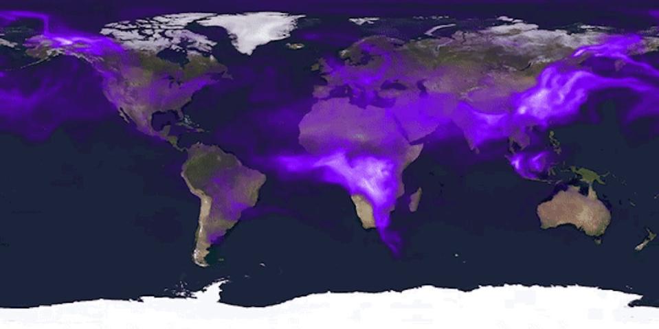 animation shows Black carbon moving around the earth
