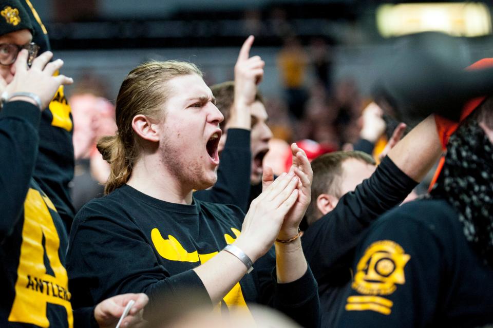 Jan 6, 2018; Columbia, MO, USA; Missouri Tigers fan and Antlers member senior Pen Terry cheers during the first half against the Florida Gators at Mizzou Arena. Mandatory Credit: Amy Kontras-USA TODAY Sports