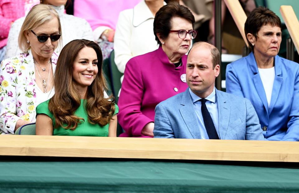 Prince William, Duke of Cambridge and Catherine, Duchess of Cambridge attend Wimbledon Championships Tennis Tournament at All England Lawn Tennis and Croquet Club on July 10, 2021 in London, England.