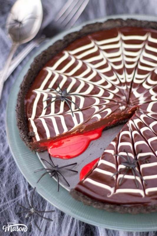 <p>Kitchen Mason</p><p>If you're truly looking to impress, here's how you make your own decadent spider web-laced chocolate tart this Halloween.</p><p><strong>Get the recipe: <a href="https://kitchenmason.com/halloween-dessert-bloody-spider-web-chocolate-tart/" rel="nofollow noopener" target="_blank" data-ylk="slk:Bloody Spiderweb Chocolate Tart;elm:context_link;itc:0;sec:content-canvas" class="link ">Bloody Spiderweb Chocolate Tart</a></strong></p>