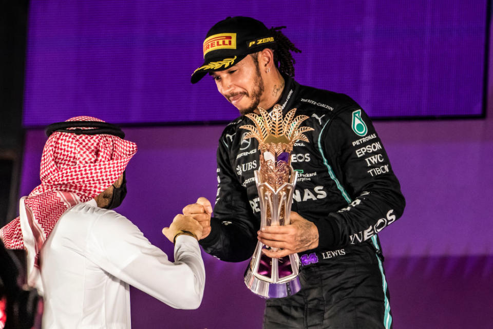 JEDDAH, SAUDI ARABIA - DECEMBER 05: Lewis Hamilton (GBR) Mercedes AMG F1 Team, Mercedes-AMG F1 W12 E Performance in the final stage of the race during the Grand Prix Formula One of Saudi Arabia on December 05, 2021 in Jeddah, Saudi Arabia.<span class="copyright">Cristiano Barni/ATPImages—Getty Images</span>