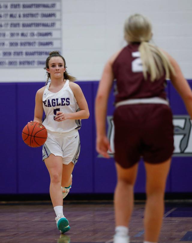 Fair Grove Eagles Brooke Daniels drives downcourt during a game against the Mountain Grove Panthers on Monday, Dec. 19, 2022.