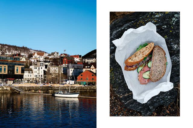 <p>Øivind Haug</p> From left: A winter view of the Harstad waterfront; sandwiches with house-made ham from Refsnes Matglede, on Hinnøya.