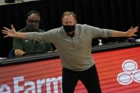 Milwaukee Bucks head coach Mike Budenholzer reacts during the first half of an NBA basketball game against the LA ClippersSunday, Feb. 28, 2021, in Milwaukee. (AP Photo/Morry Gash)