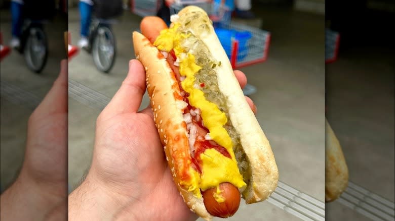 hot dog with toppings
