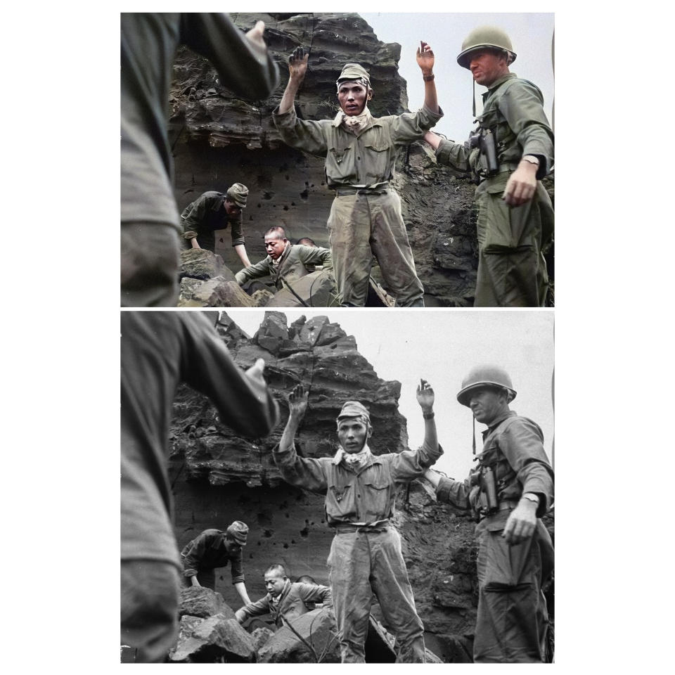This photo combination shows digital colorization, top, by Anju Niwata and Hidenori Watanave, and original black and white photo that the first of 20 Japanese emerges from an Iwo Jima cave on April 5, 1945, with his hands in the air. The group had been hiding for several days. Niwata and Watanave started the photo colorization project in 2018. They call it “Rebooting Memories,” and they published a book last month of the colorized versions of about 350 monochrome pictures taken before, during and after the Pacific War. (U.S. Army Signal Corps/Anju Niwata & Hidenori Watanave via AP)