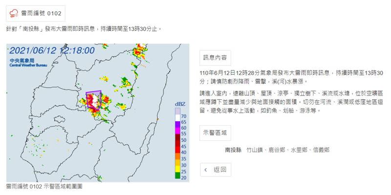 氣象局針對南投縣發布「大雷雨即時訊息」。（圖／翻攝自中央氣象局）