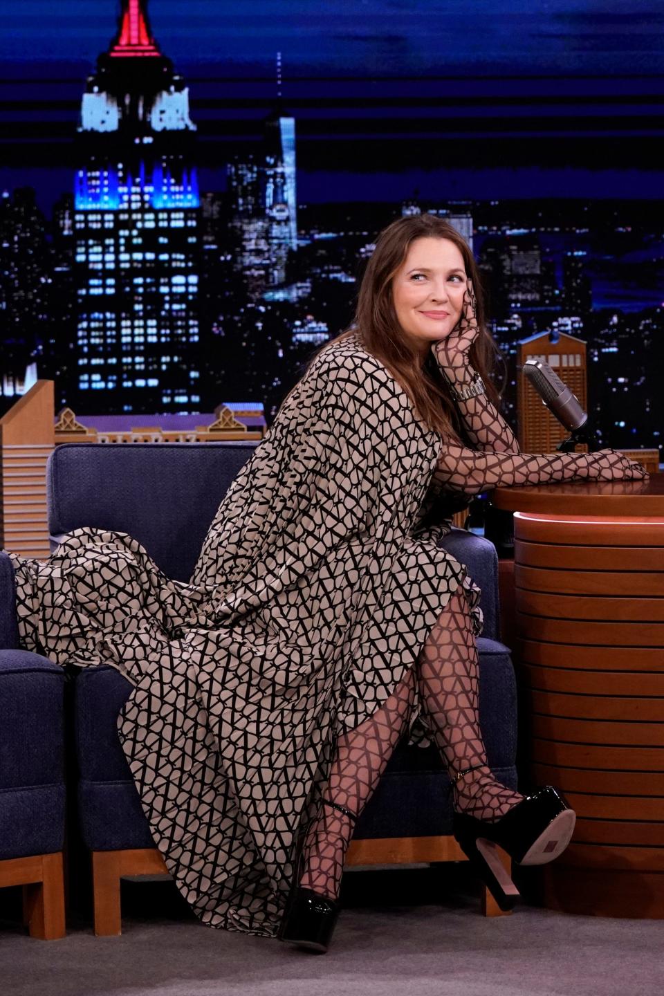 Drew Barrymore during an interview on The Tonight Show with Jimmy Fallon on April 27, 2023.