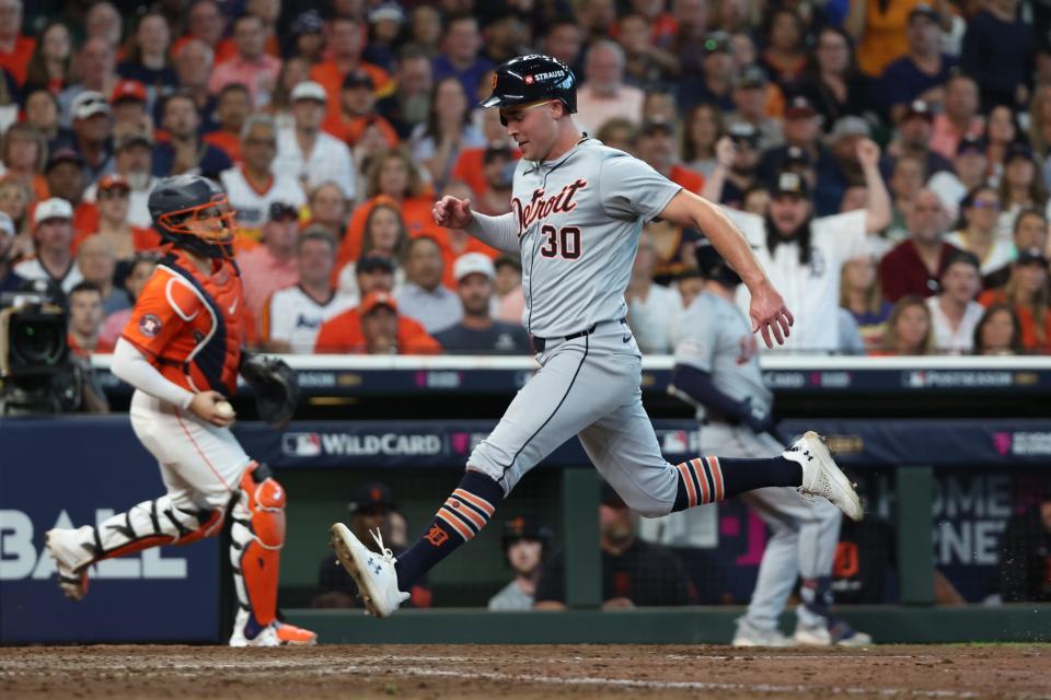 October 2: Detroit Tigers outfielder Kerry Carpenter (30) scores a run in the eighth inning.