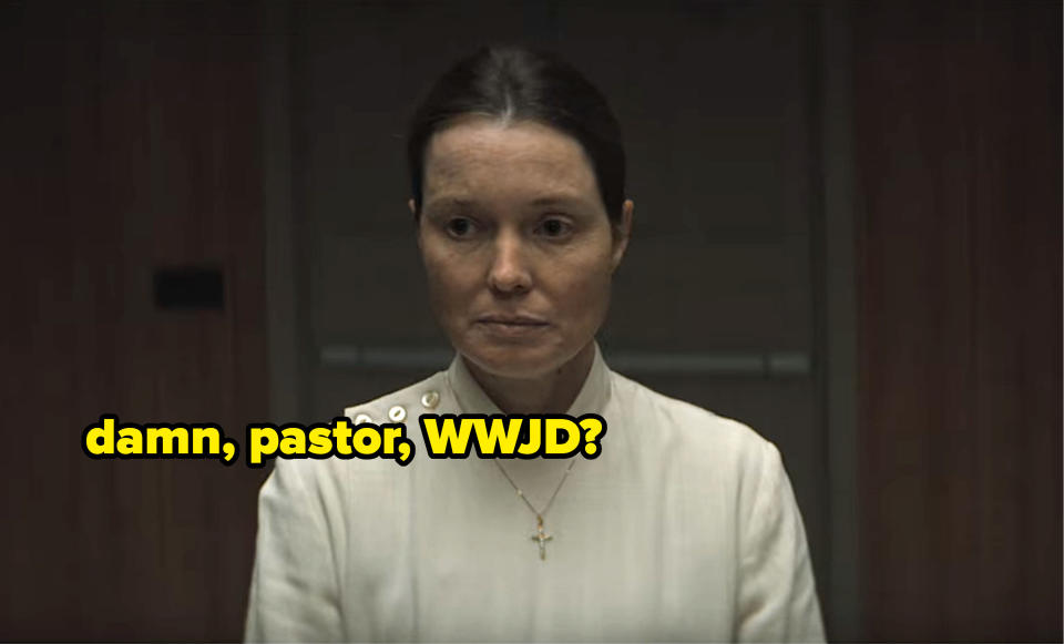 Woman looking glum with caption, "Damn, pastor, WWJD?"