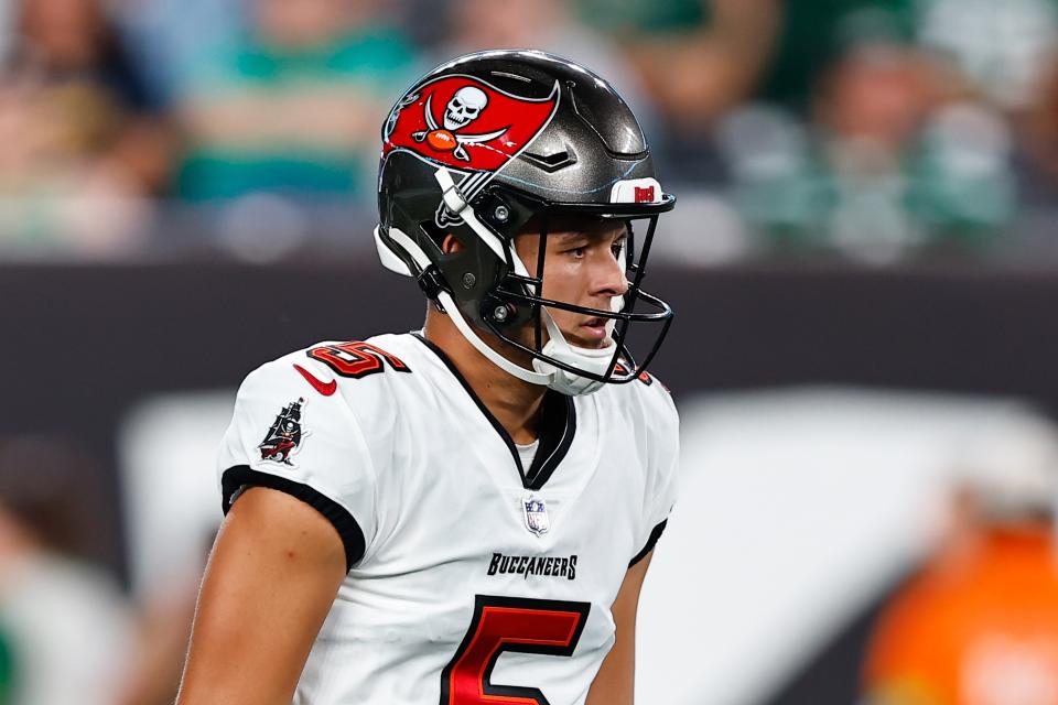Jake Camarda of the Tampa Bay Buccaneers was involved in a skirmish on Thursday night. (Photo by Rich Graessle/Icon Sportswire via Getty Images)