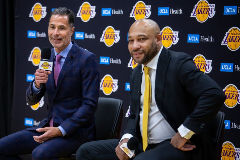 El Segundo, CA - June 06: New Los Angeles Lakers head coach Darvin Ham, with Lakers general manager Rob Pelinka.