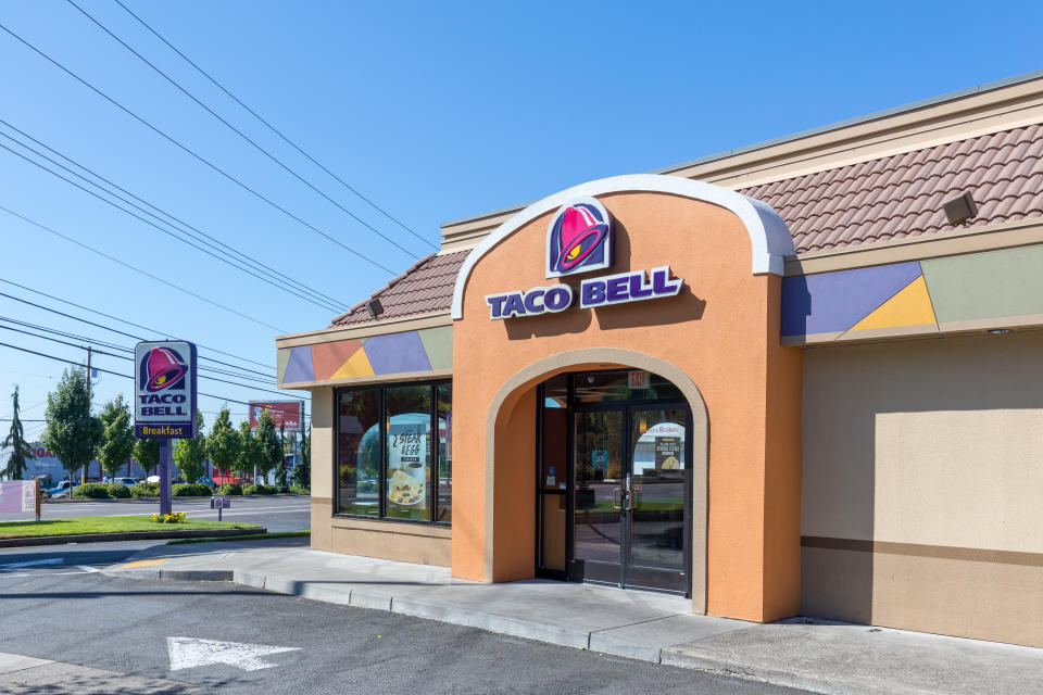 Portland, Oregon - Sep 3, 2018 : Exterior of Taco Bell fast-food restaurant with sign and logo.